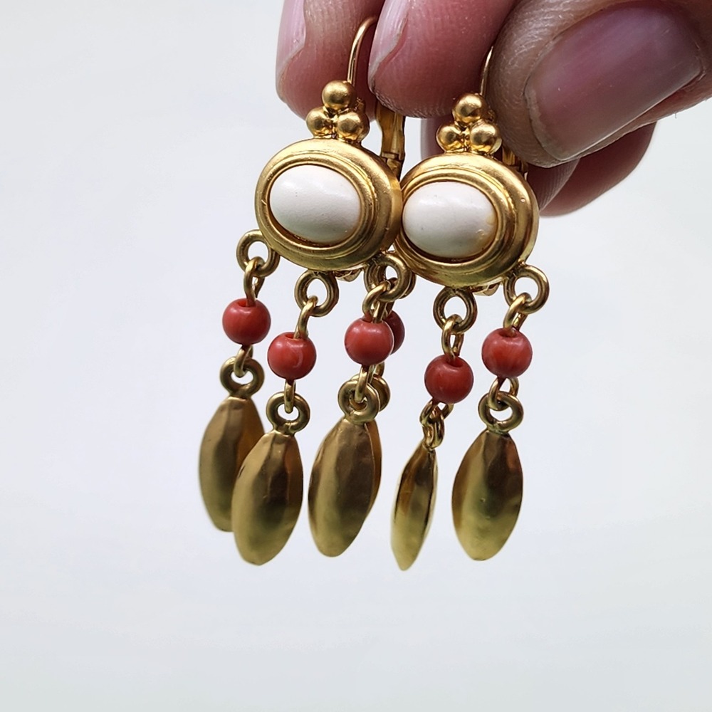 Monet Gold Tone White Red Bead Chandelier Dangle Earrings Vintage Statement